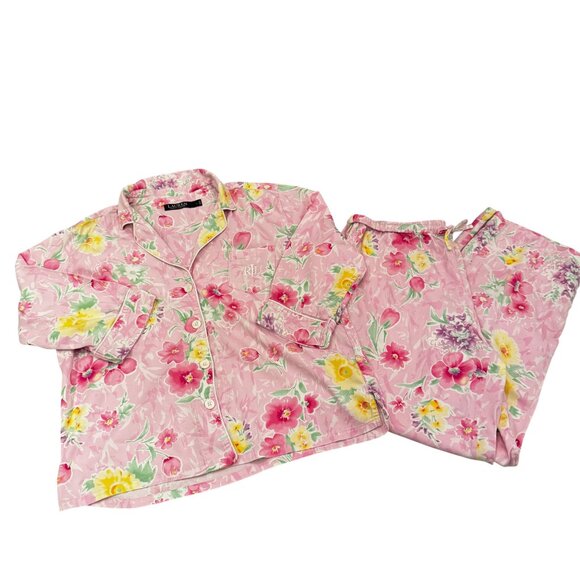 Lauren Ralph Lauren Pink Floral Pajama Set | Cotton Viscose | Size L - Picture 2 of 13
